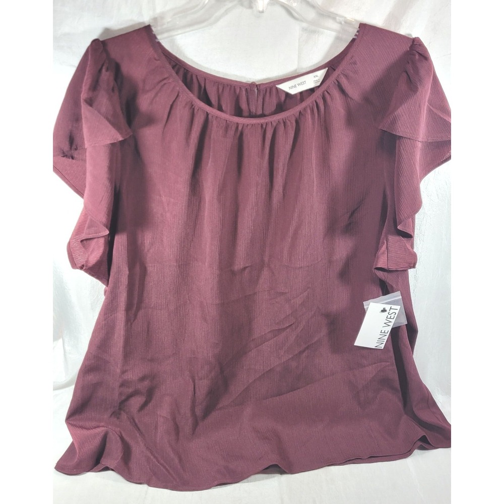 Nine West Women's Short Flutter Sleeve Crinkle Textured Blouse - Plum - Size XXL